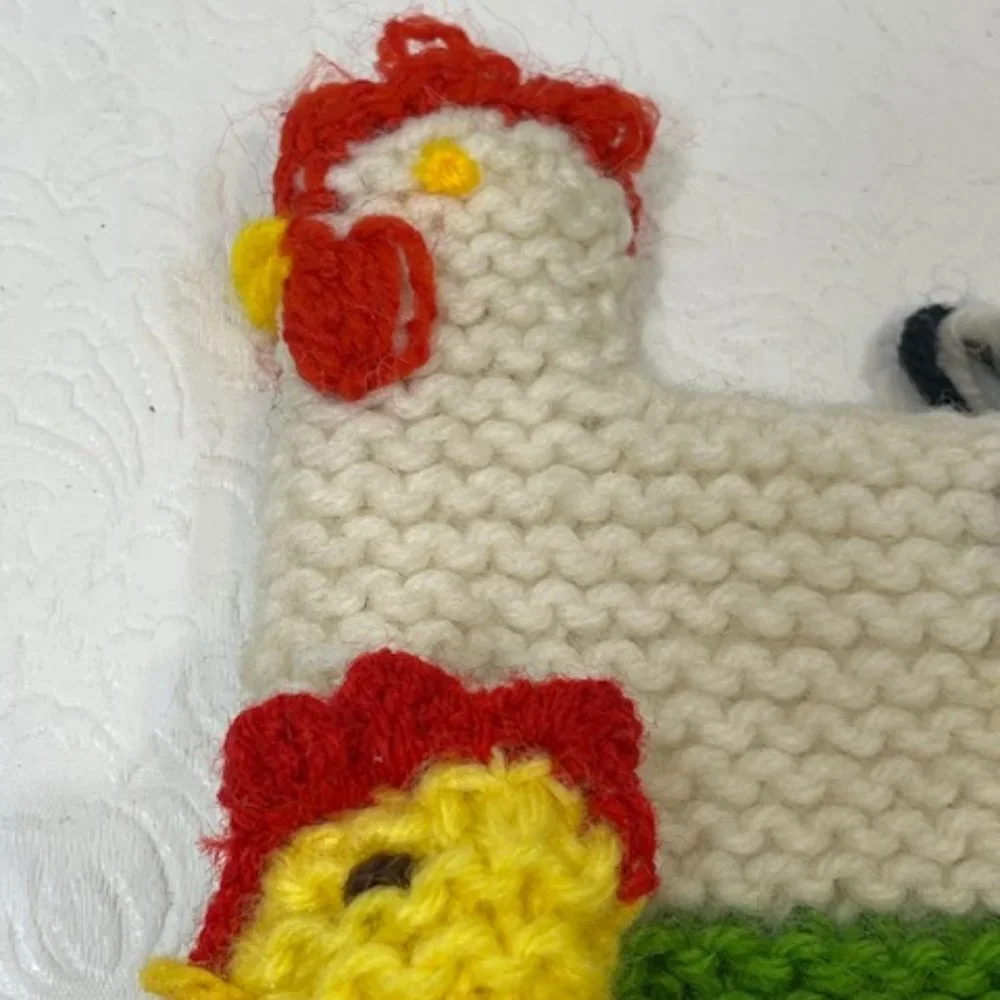 Two (2) Crocheted/Knitted Chicken/Hen Egg Cozies Covers Holder Decor 3.75